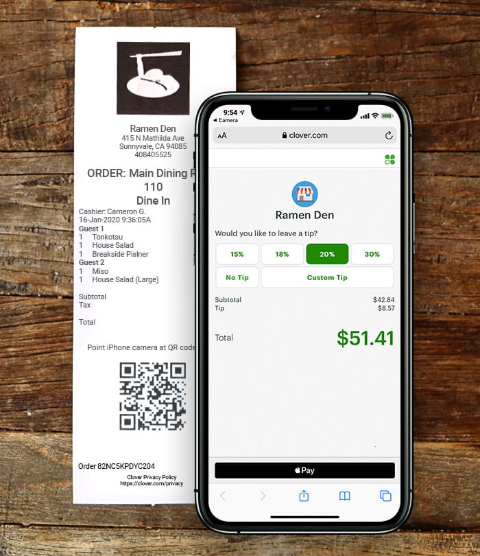 The Clover Scan to Pay Phone and receipt