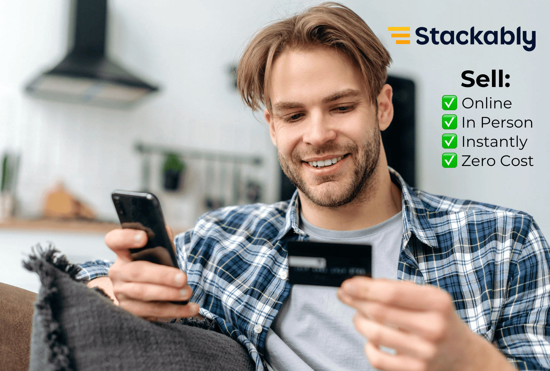 Stackably Credit Card Processing Customer with credit card and smartphone