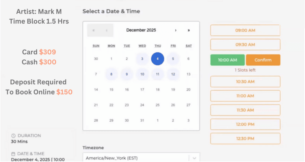 Tattoo studio payment and booking calendar