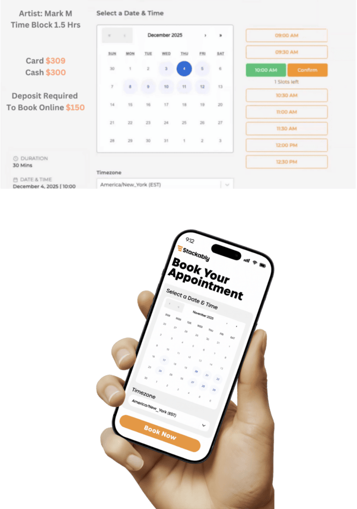 Tattoo studio payment and booking calendar laptop and mobile