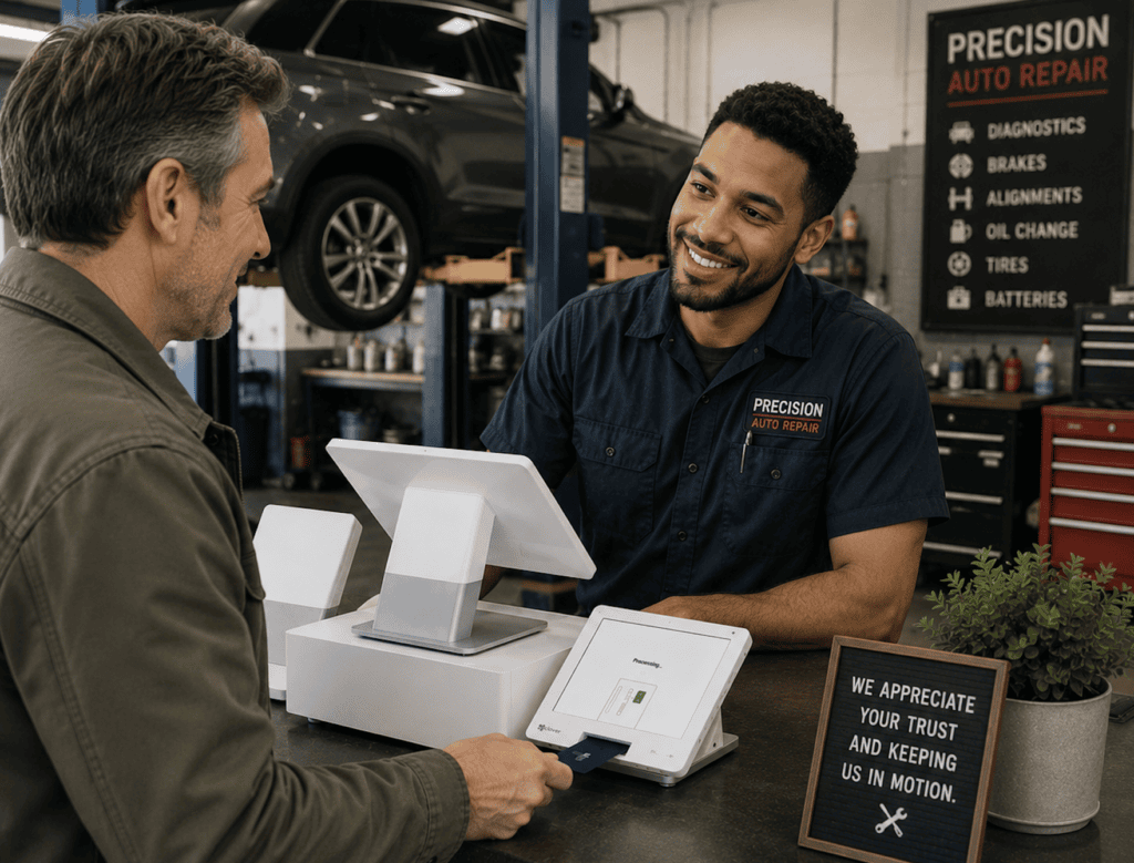 Auto Repair Shop with Mechanic and paying Customer using a Clover Point of Sale System