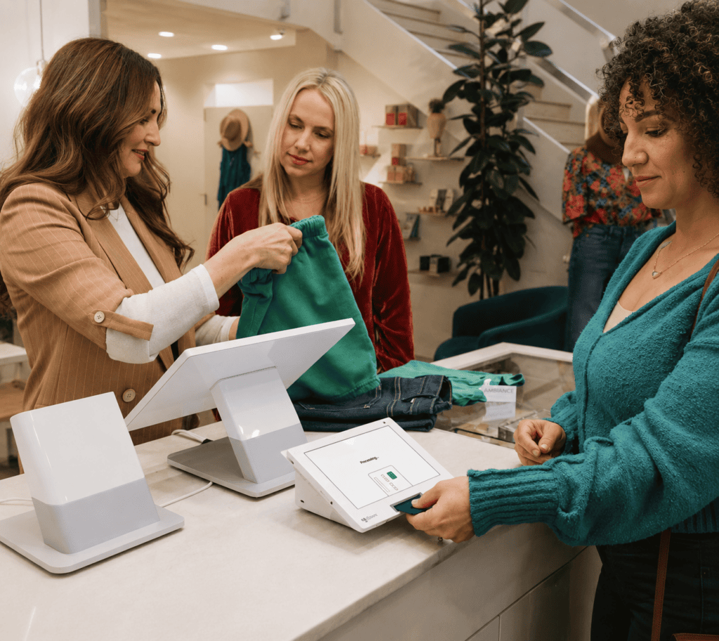 Retail Store and Customer using a credit card at a Clover POS System