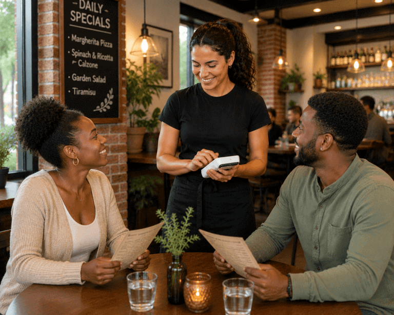 Apply for a Free Paradise POS System Table Service with wireless credit card terminal with server and two customers placing an order
