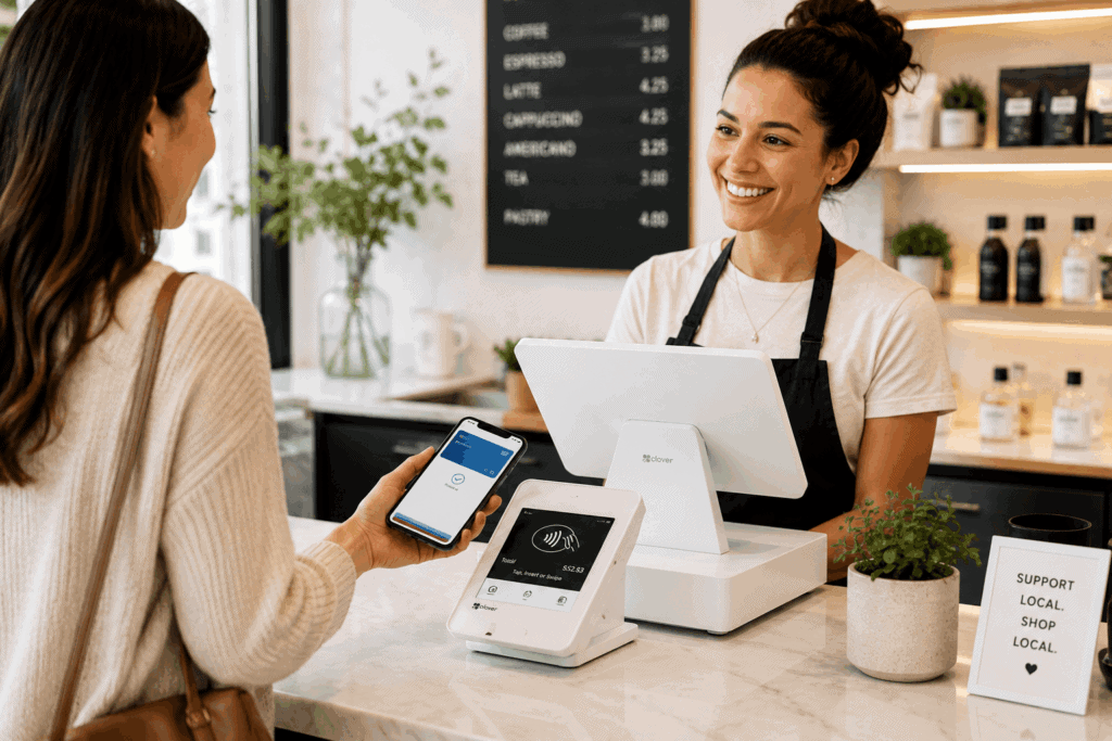 Merchant Accounts from iSmart Payments. Customer and Merchant at Food Counter