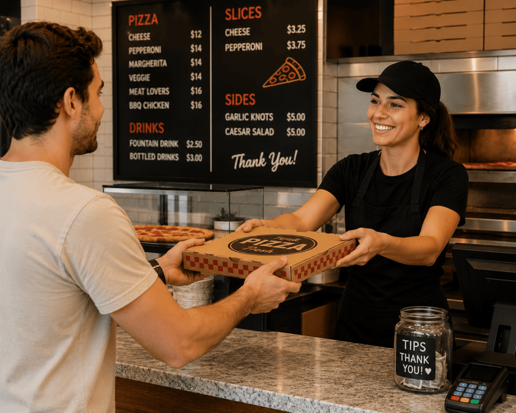Paradise Quick Service POS For Fast Ordering at Pizza Shop with Server and Customer