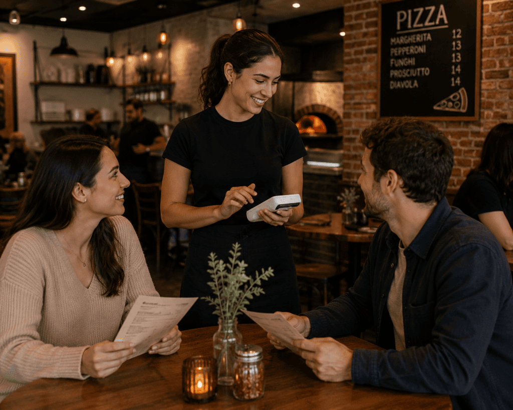 Paradise Table Service iPad POS with server and two customers
