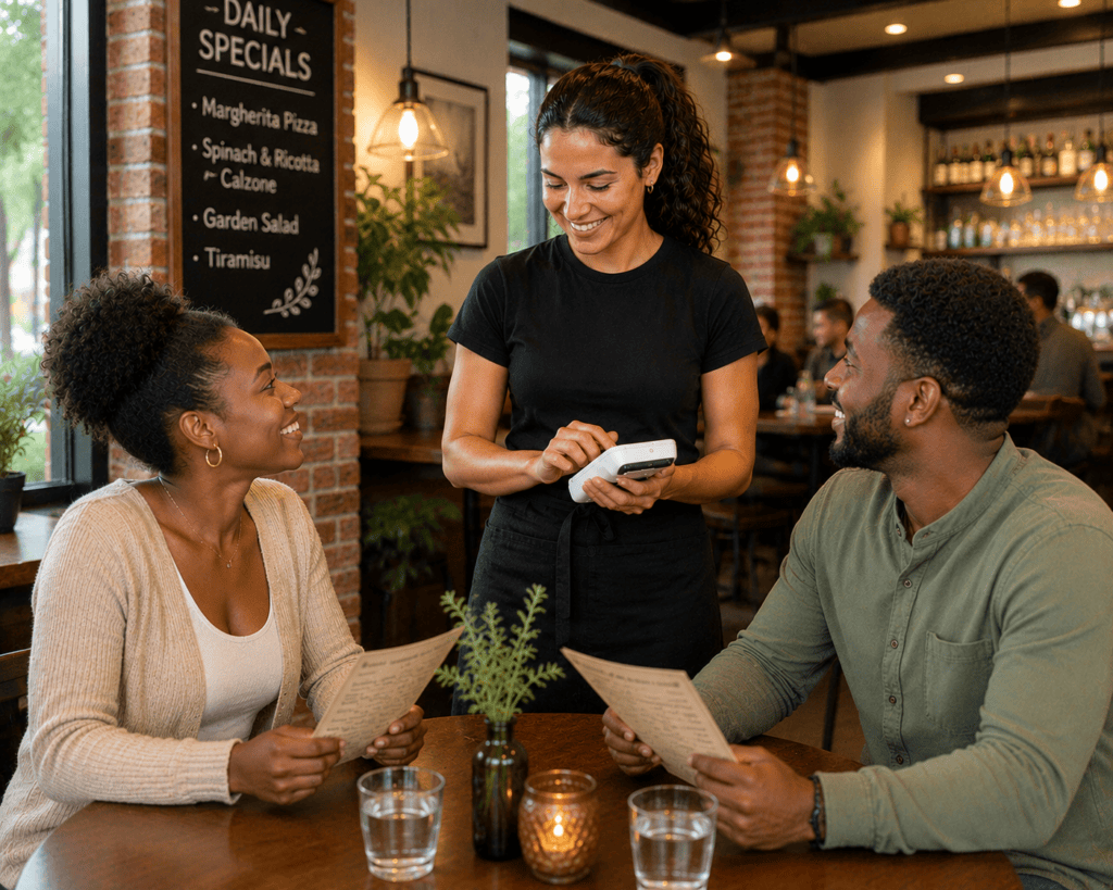 Paradise Table Service with wireless credit card terminal with server and two customers placing an order