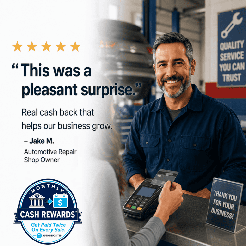 Image of Automotive shop testimonial and owner using Monthly Cash Rewards from iSmart Payments
