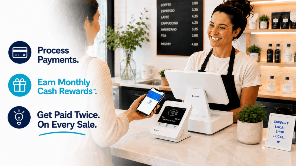 monthly cash rewards image with POS and merchant