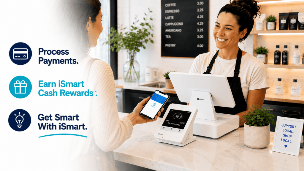 Customer making a contactless payment while promoting iSmart Monthly Cash Reward Deposits™ from iSmart Payments.