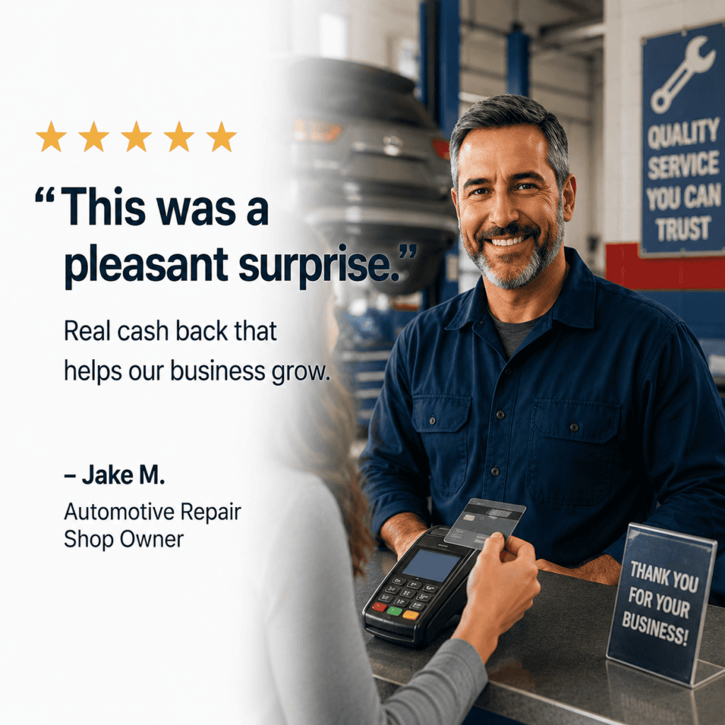 Image showing Automotive shop testimonial and owner using iSmart Cash Rewards