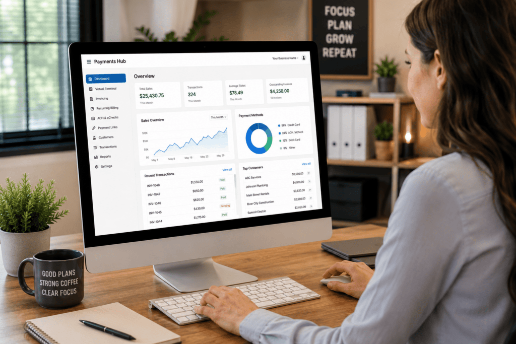 Image of a Business owner at Payments Hub POS Portal from iSmart Payments