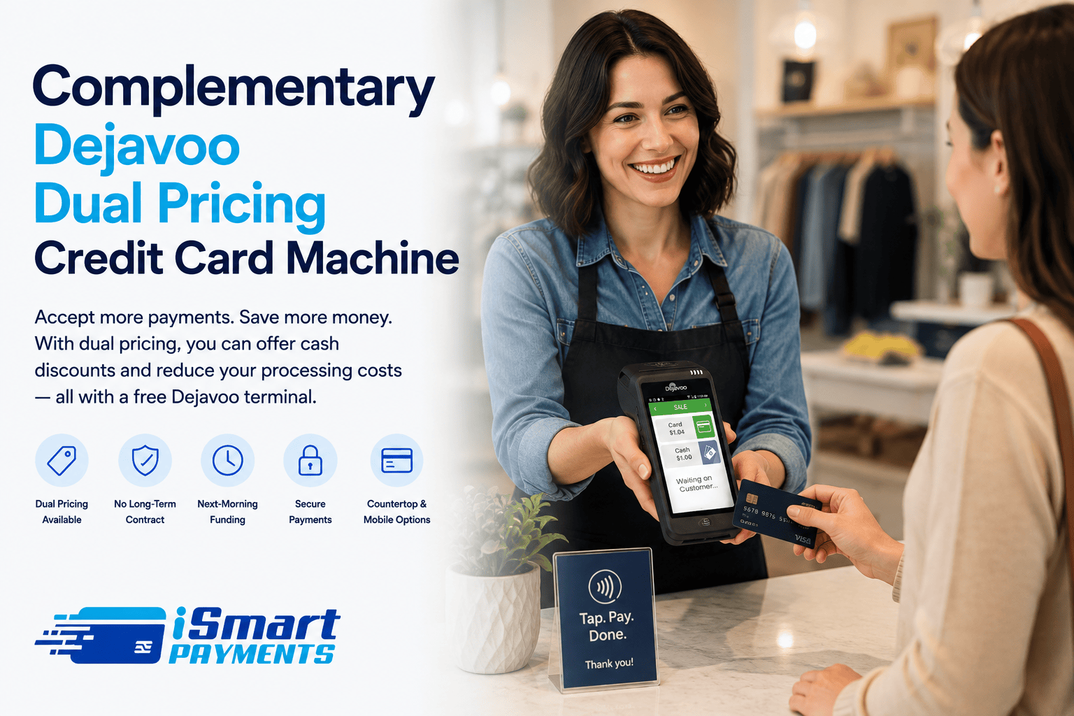 Image of a Dejavoo Dual Pricing Credit Card Machine with Customer and Merchant from iSmart Payments