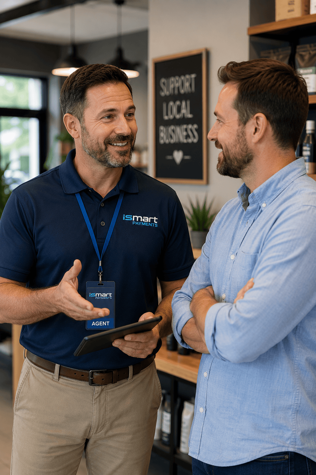 Image of Friendly Payment Agent Consultation with a Business Owner Merchant