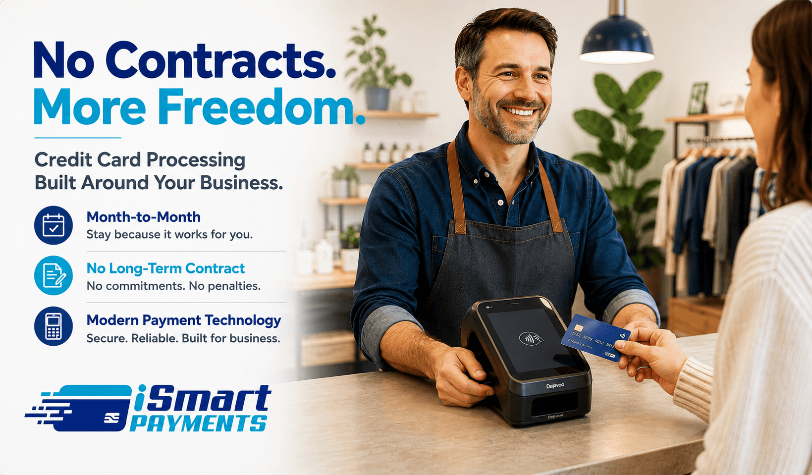 Image of Business Owner and Customer with No Contract Credit Card Processing for Small Businesses