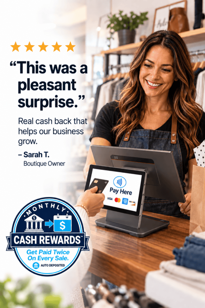 Image of retail testimonial and owner using Monthly Cash Rewards from iSmart Payments